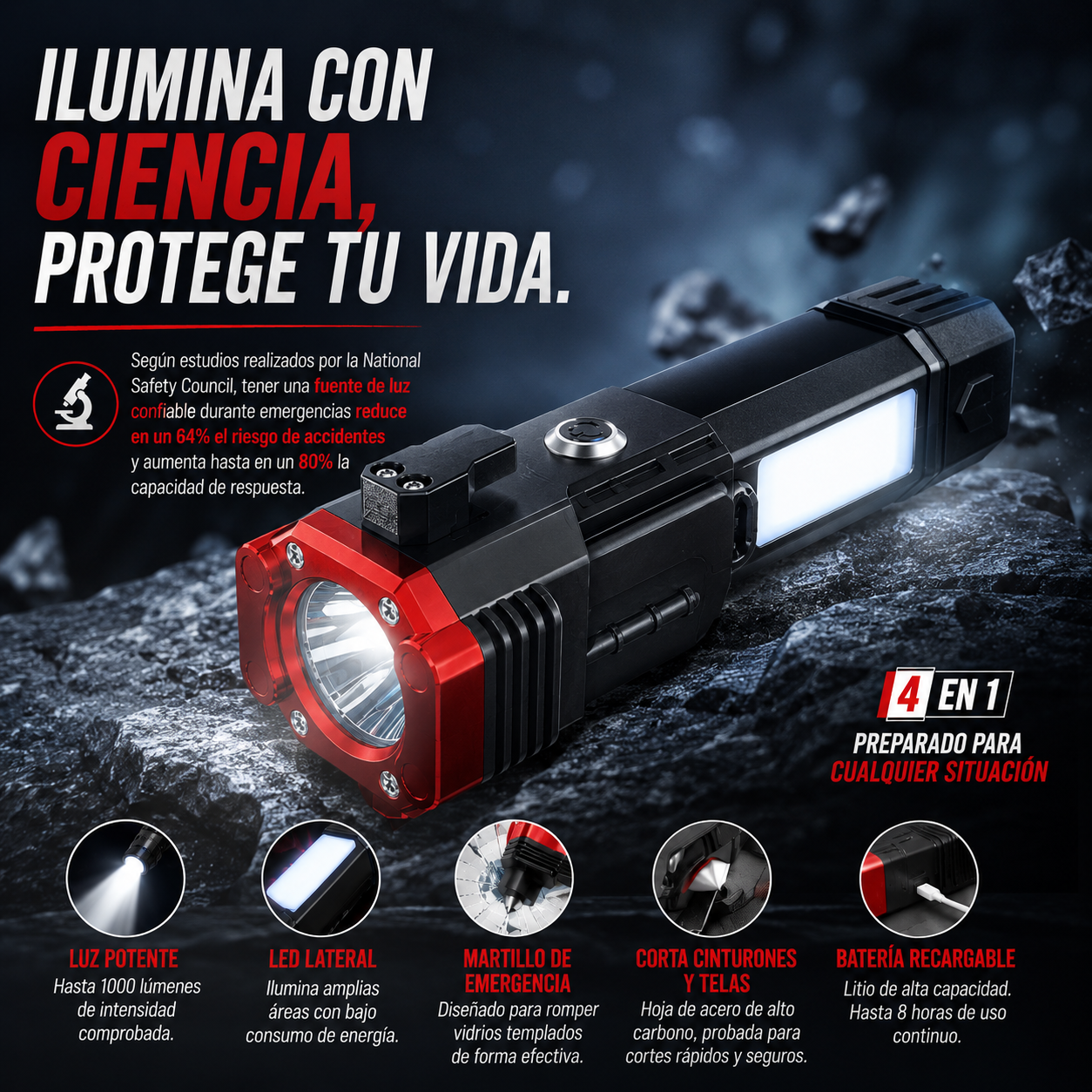 TacFlash™ – Linterna Táctica 5 en 1 Recargable USB