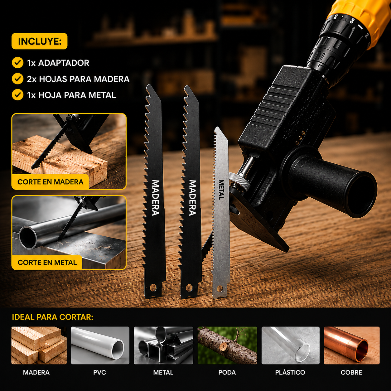 MultiCut Master™ — Adaptador Sierra Universal para Taladro, para Madera, Metal y PVC