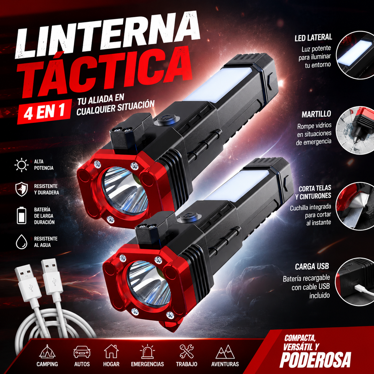 TacFlash™ – Linterna Táctica 5 en 1 Recargable USB