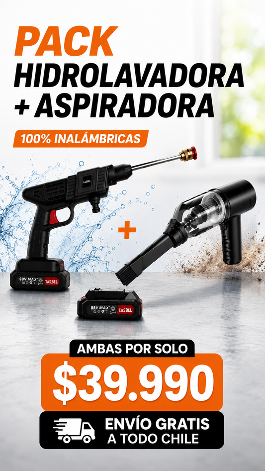 PowerClean Duo™ — Pack 2 en 1 Aspiradora + Hidrolavadora Inalámbrica 98V Max