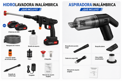 PowerClean Duo™ — Pack 2 en 1 Aspiradora + Hidrolavadora Inalámbrica 98V Max