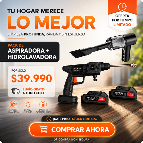 PowerClean Duo™ — Pack 2 en 1 Aspiradora + Hidrolavadora Inalámbrica 98V Max