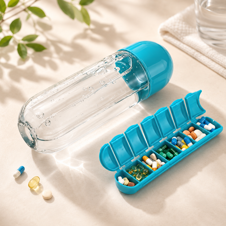 Pastillero de VitaBottle abierto mostrando sus compartimentos