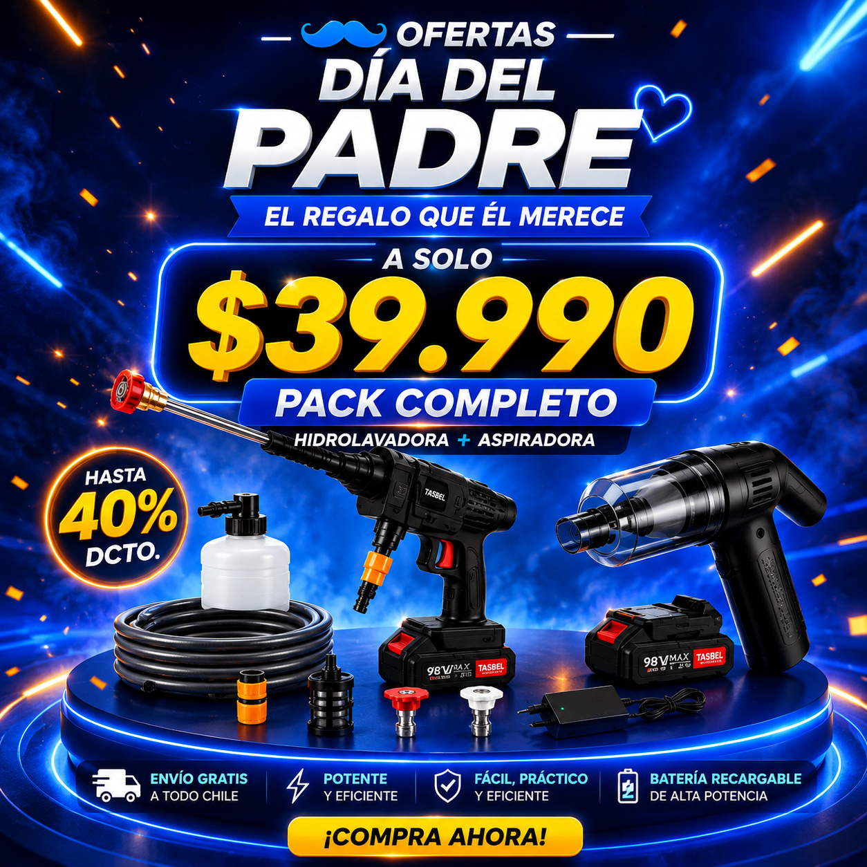 PowerClean Duo™ — Pack 2 en 1 Aspiradora + Hidrolavadora Inalámbrica 98V Max